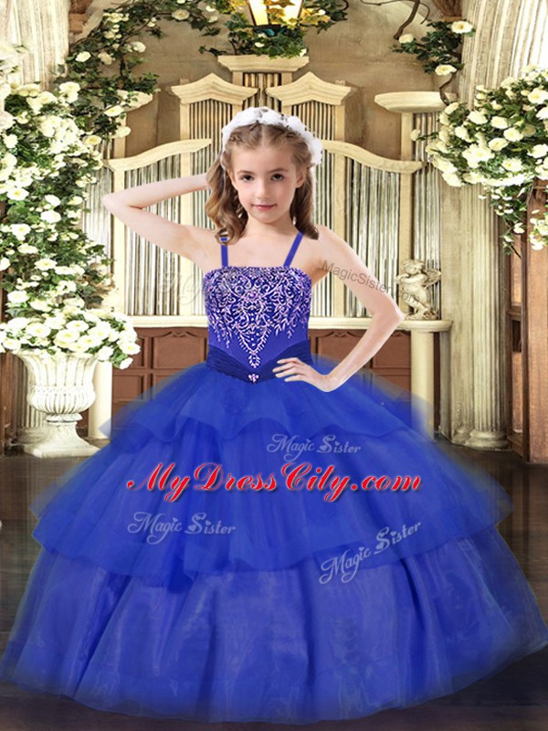 Lovely Ball Gowns Kids Pageant Dress Royal Blue Straps Organza Sleeveless Floor Length Lace Up