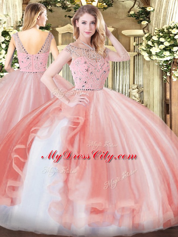 Hot Selling Peach Sleeveless Beading and Ruffles Floor Length 15th Birthday Dress