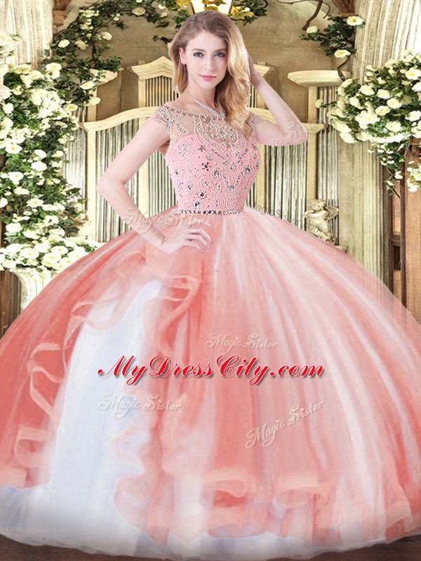 Hot Selling Peach Sleeveless Beading and Ruffles Floor Length 15th Birthday Dress