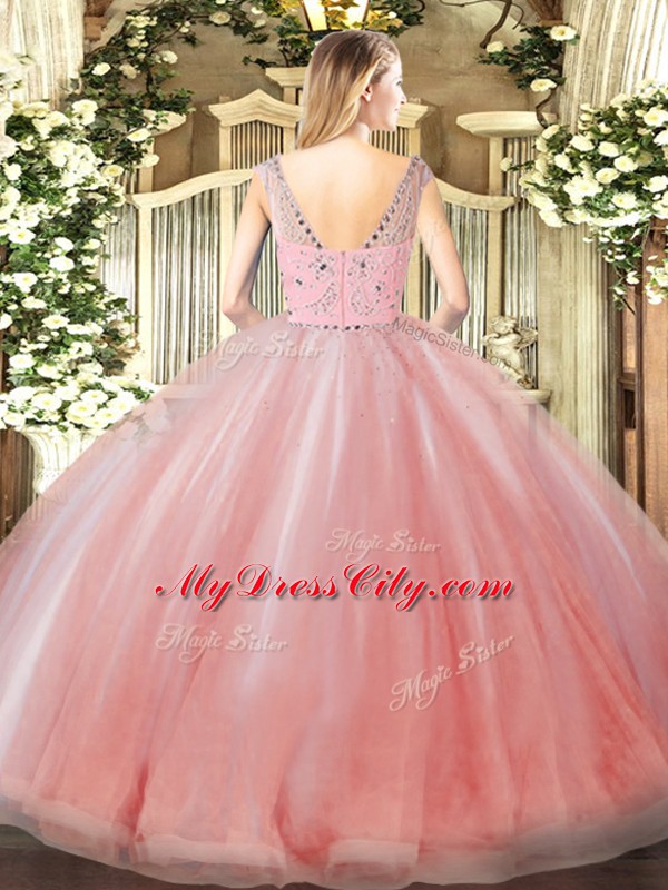 Hot Selling Peach Sleeveless Beading and Ruffles Floor Length 15th Birthday Dress