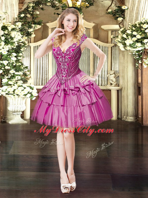 Ideal Mini Length Lace Up Dress for Prom Fuchsia for Prom and Party with Beading