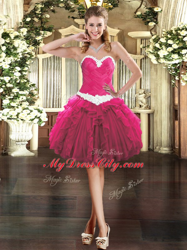 Fuchsia Ball Gowns Appliques and Ruffles Evening Dress Lace Up Organza Sleeveless Mini Length