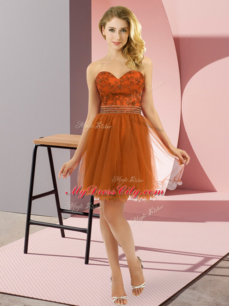 Rust Red Empire Beading Prom Gown Zipper Tulle Sleeveless Mini Length