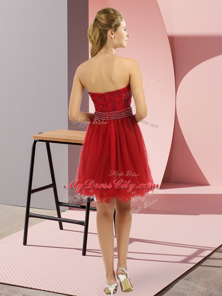 Rust Red Empire Beading Prom Gown Zipper Tulle Sleeveless Mini Length