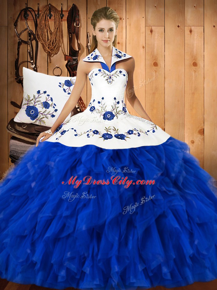 Fine Sleeveless Lace Up Floor Length Embroidery and Ruffles Quinceanera Gown