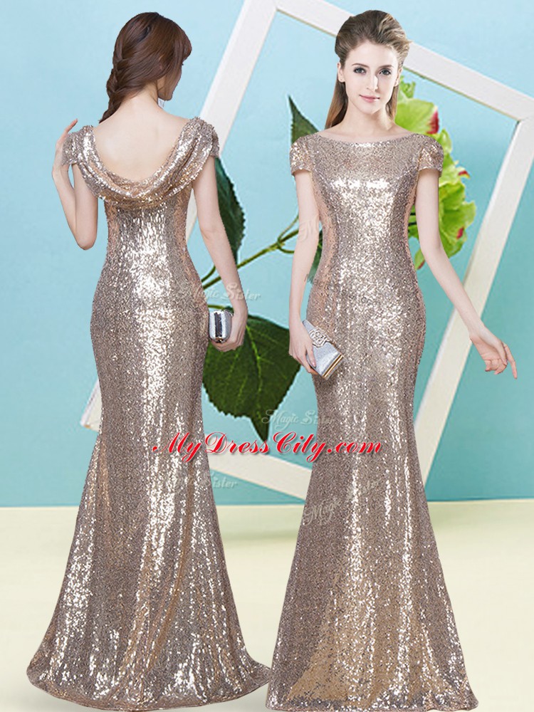 Cap Sleeves Sequins Zipper Prom Gown