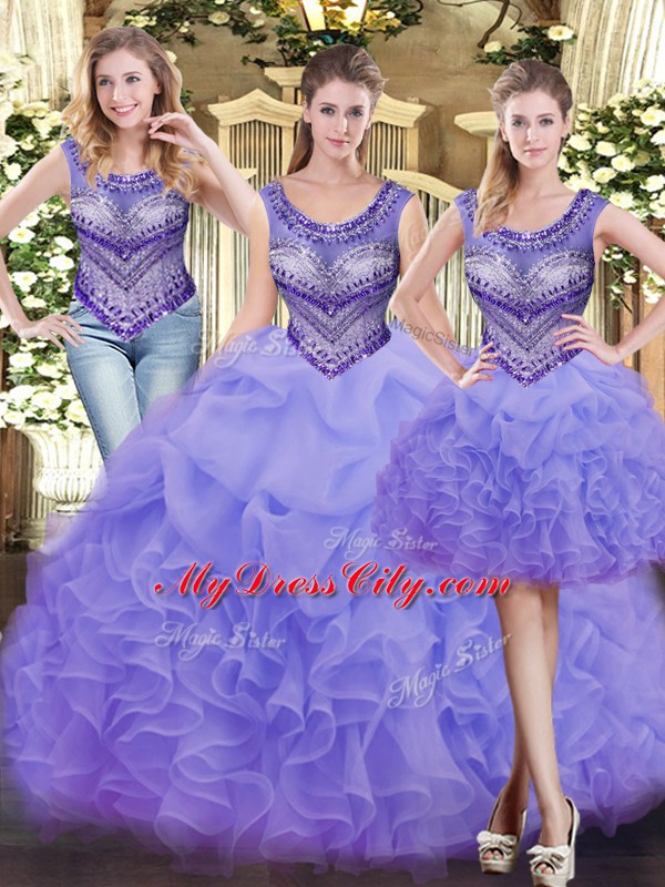 Chic Sleeveless Tulle Floor Length Lace Up Quince Ball Gowns in Lavender with Beading and Ruffles