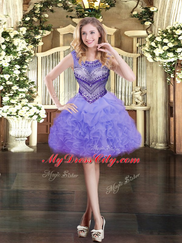 Chic Sleeveless Tulle Floor Length Lace Up Quince Ball Gowns in Lavender with Beading and Ruffles