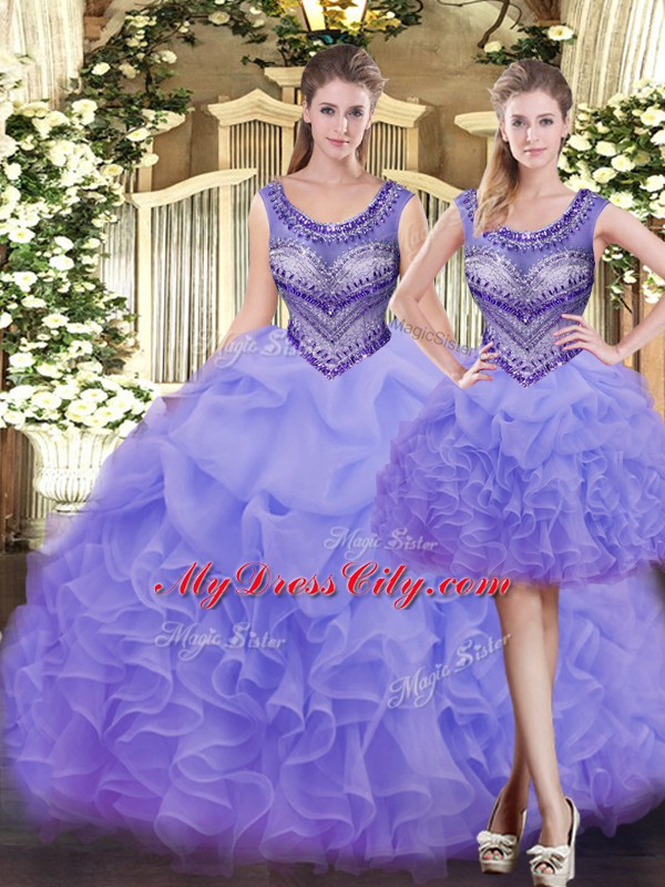 Chic Sleeveless Tulle Floor Length Lace Up Quince Ball Gowns in Lavender with Beading and Ruffles