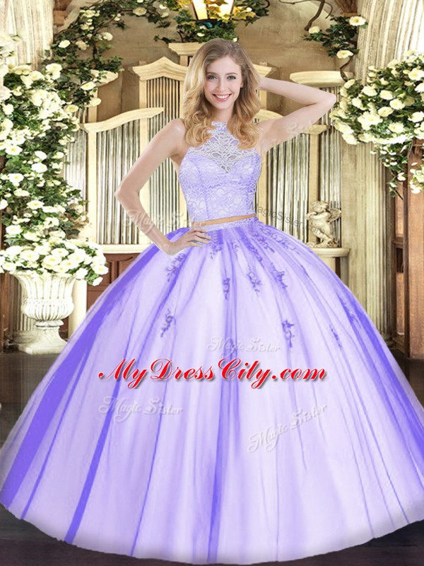 Comfortable Lavender Tulle Zipper Scoop Sleeveless Floor Length Quinceanera Dress Lace and Appliques