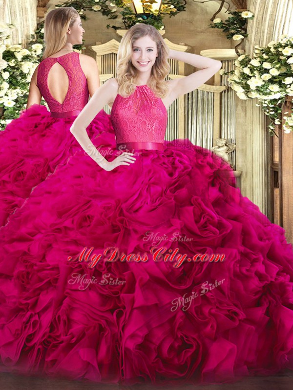 Hot Pink Sleeveless Floor Length Lace Zipper Ball Gown Prom Dress