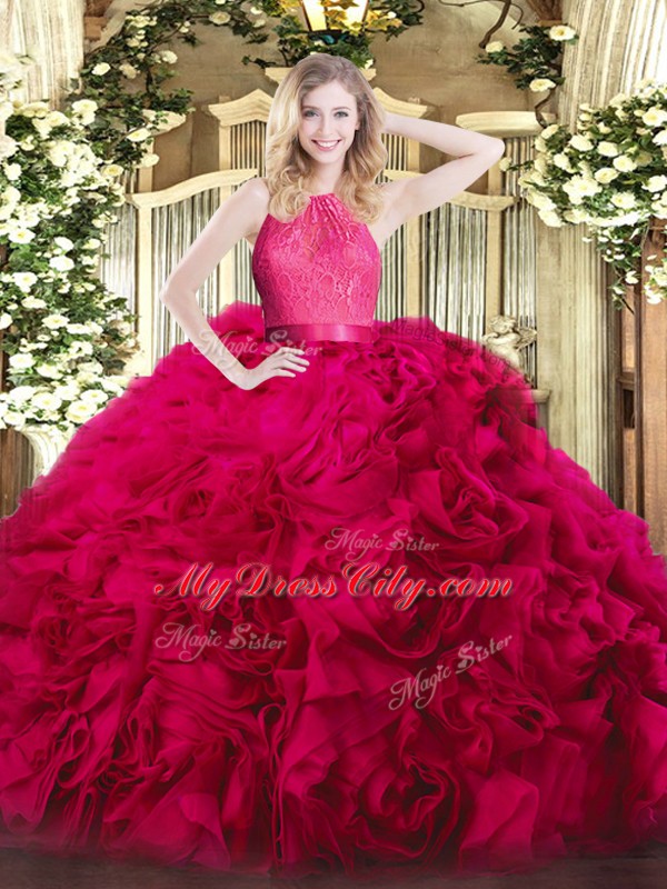 Hot Pink Sleeveless Floor Length Lace Zipper Ball Gown Prom Dress