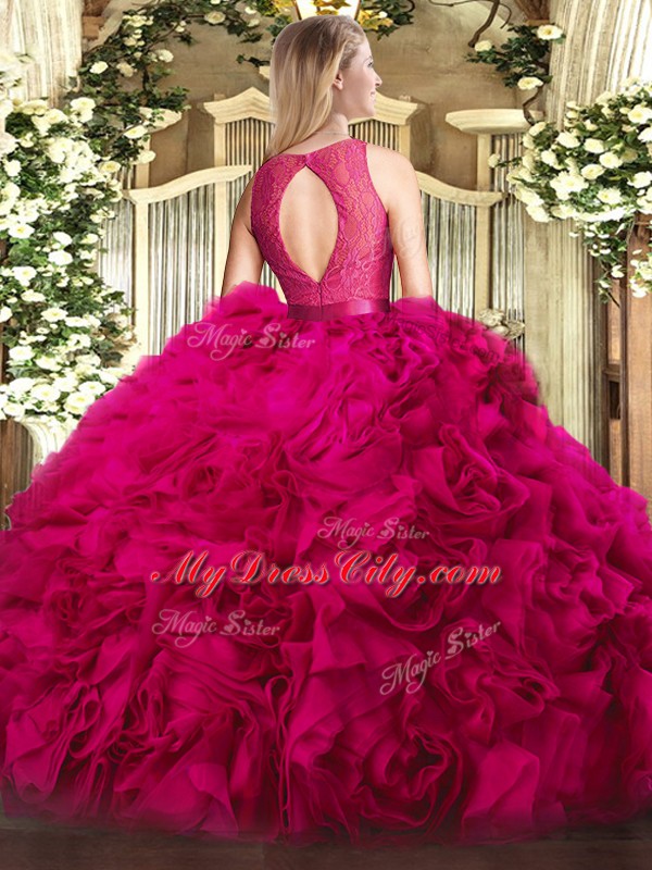 Hot Pink Sleeveless Floor Length Lace Zipper Ball Gown Prom Dress