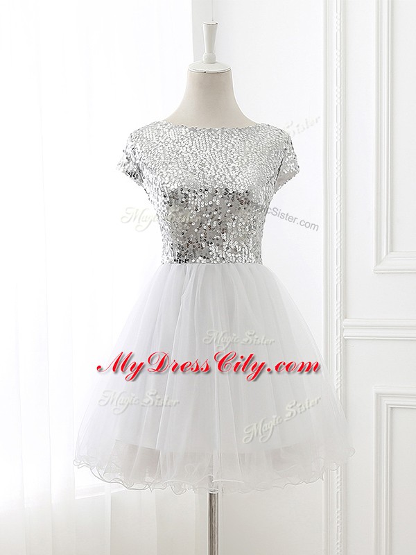 Scoop Cap Sleeves Tulle Wedding Party Dress Sequins Zipper