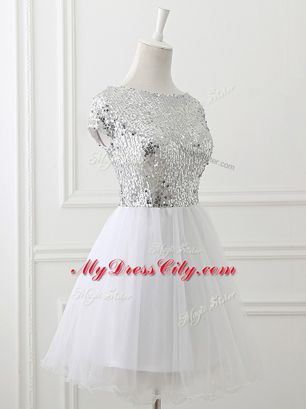 Scoop Cap Sleeves Tulle Wedding Party Dress Sequins Zipper