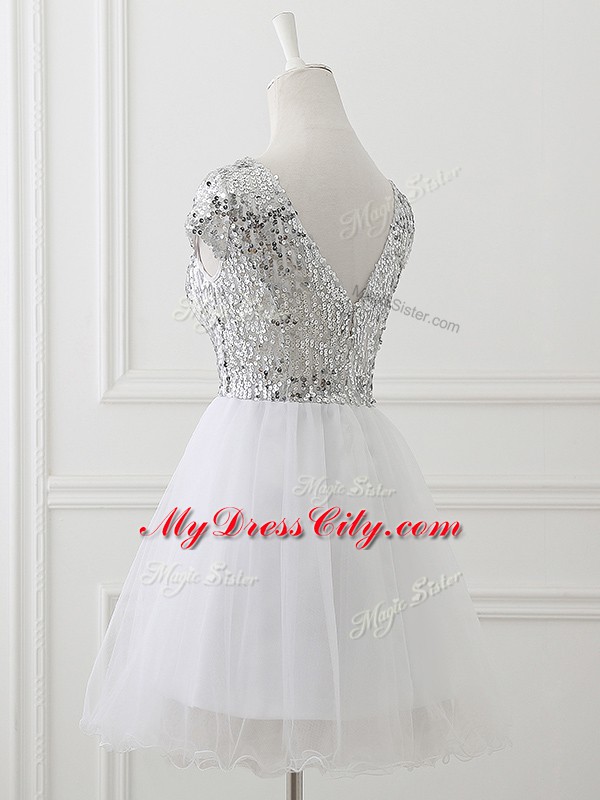 Scoop Cap Sleeves Tulle Wedding Party Dress Sequins Zipper