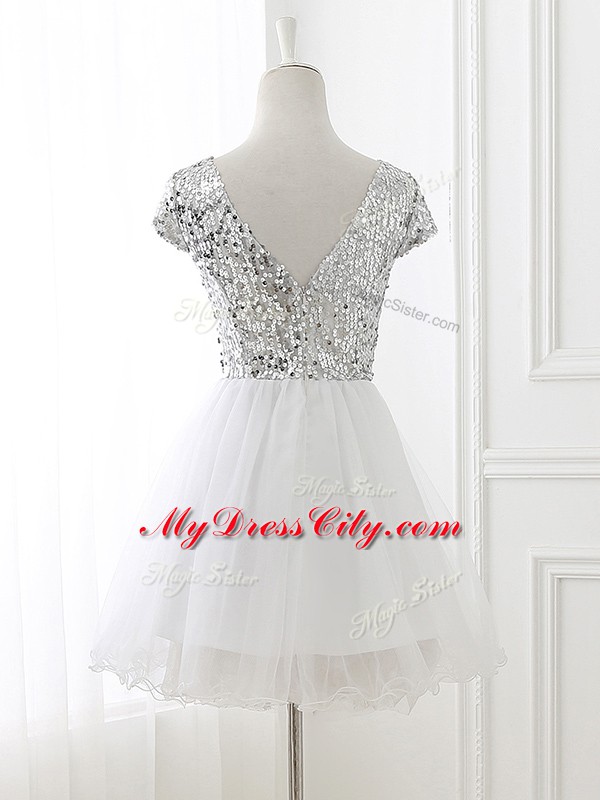 Scoop Cap Sleeves Tulle Wedding Party Dress Sequins Zipper