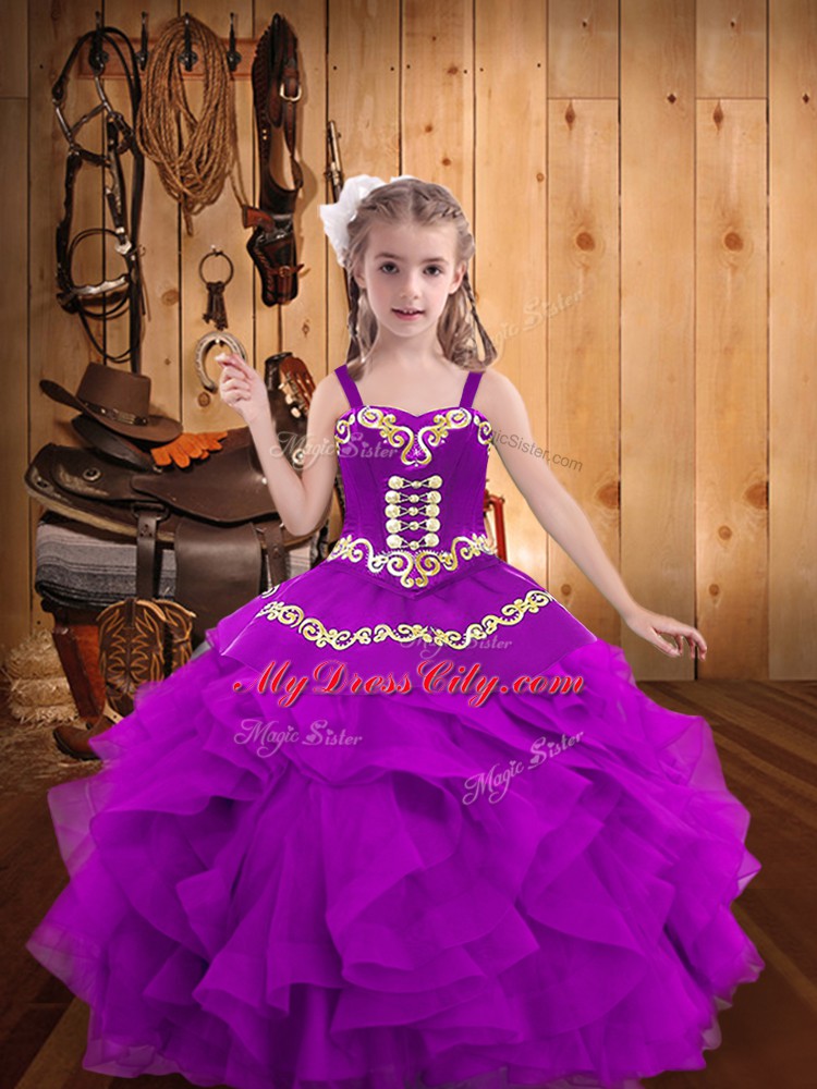 Simple Sleeveless Floor Length Embroidery and Ruffles Lace Up Pageant Gowns For Girls with Purple