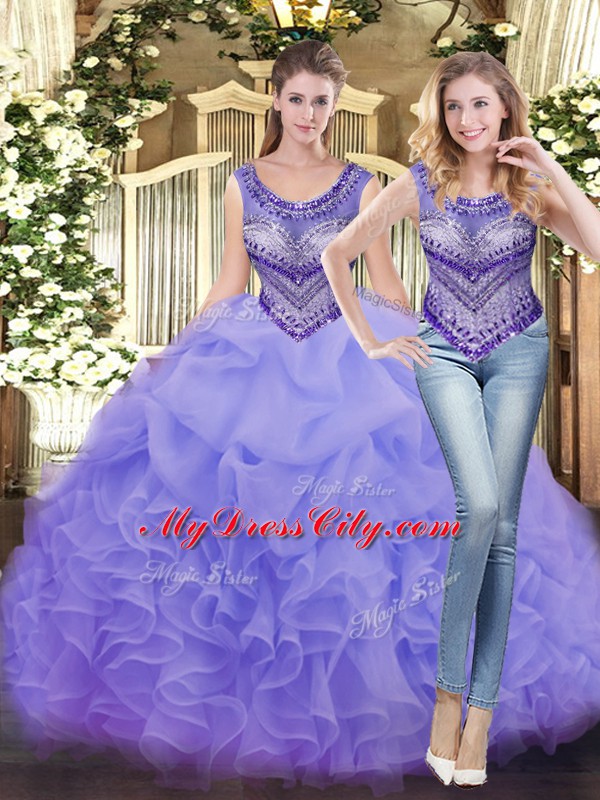 Tulle Sleeveless Floor Length 15 Quinceanera Dress and Beading and Ruffles