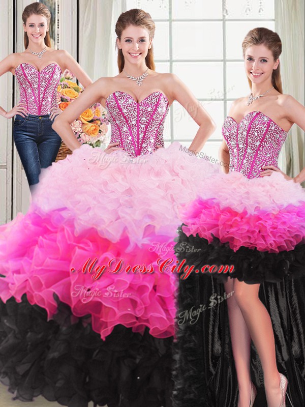 Custom Made Organza Sweetheart Sleeveless Lace Up Beading and Ruffles Quinceanera Gown in Multi-color