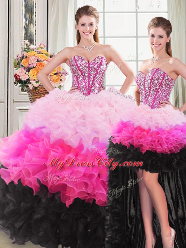 Custom Made Organza Sweetheart Sleeveless Lace Up Beading and Ruffles Quinceanera Gown in Multi-color