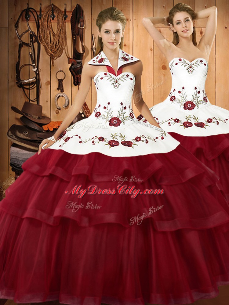 Custom Design Halter Top Sleeveless Sweep Train Lace Up Quinceanera Gowns Wine Red Organza