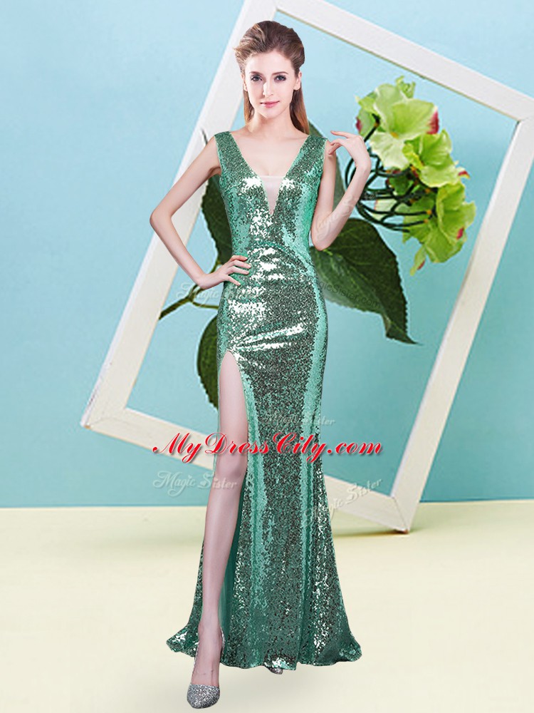 High Quality Sequins Prom Dresses Turquoise Zipper Sleeveless Floor Length
