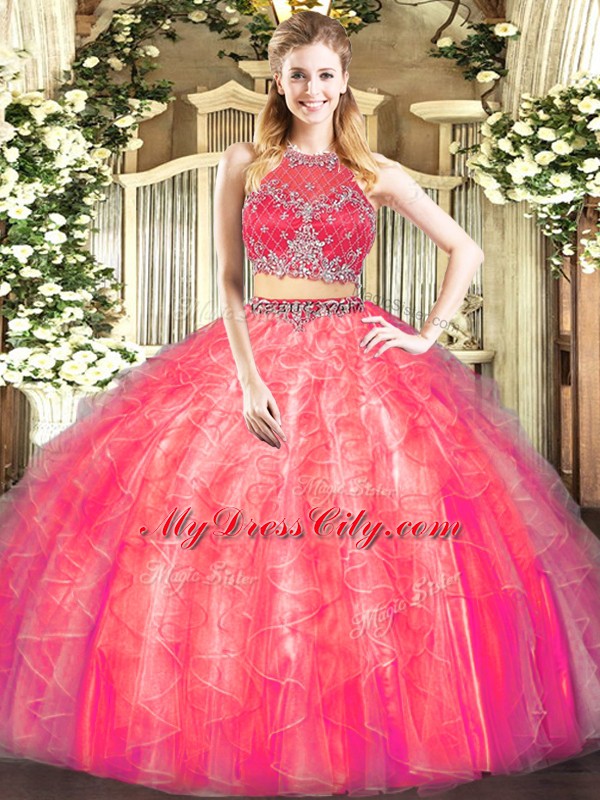 Coral Red Sleeveless Tulle Zipper Quinceanera Dress for Military Ball and Sweet 16 and Quinceanera