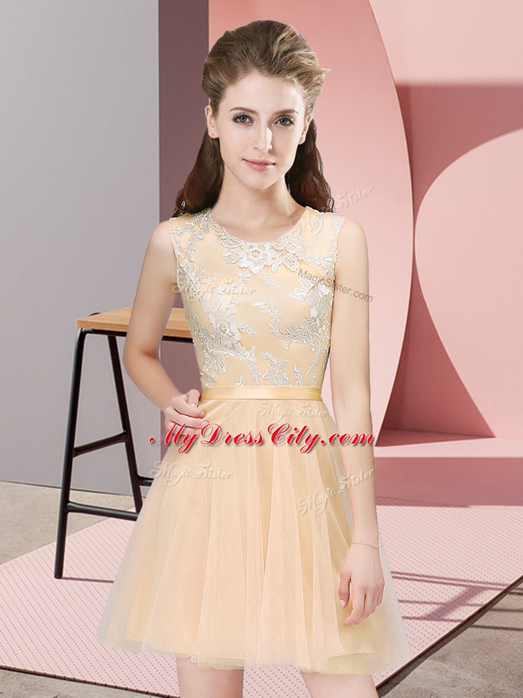 Best Selling Mini Length Champagne Wedding Guest Dresses Tulle Sleeveless Lace