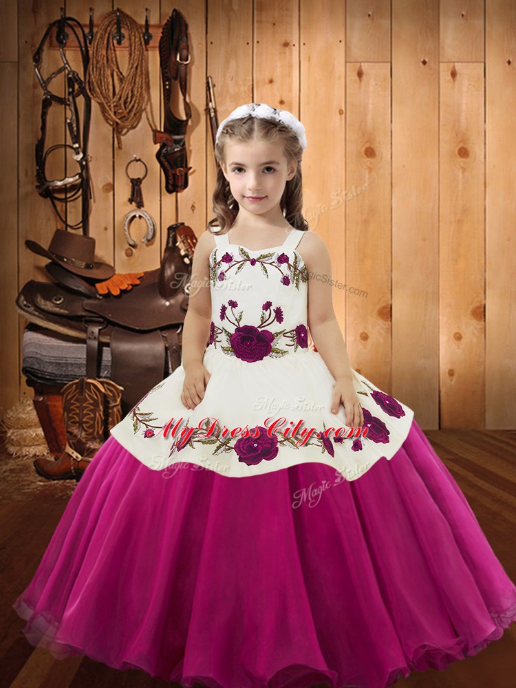 Organza Straps Sleeveless Zipper Embroidery Little Girl Pageant Gowns in Fuchsia