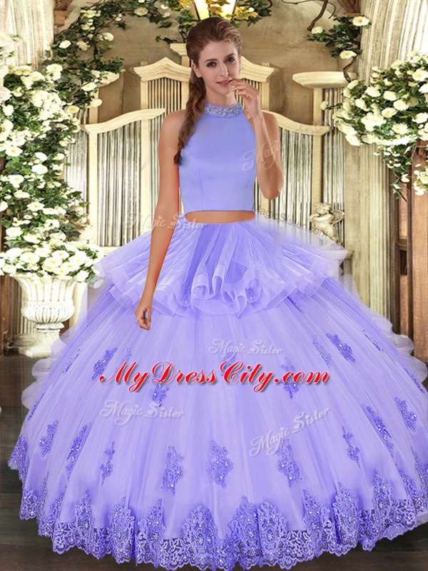 Extravagant Floor Length Backless 15th Birthday Dress Lavender for Military Ball and Sweet 16 and Quinceanera with Beading and Appliques and Ruffles