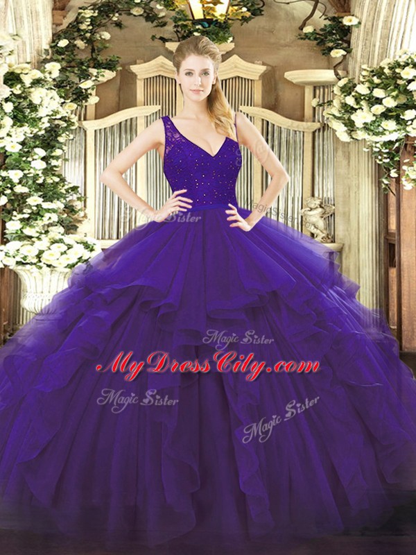 Custom Fit Purple V-neck Neckline Beading and Ruffles Quinceanera Gown Sleeveless Zipper