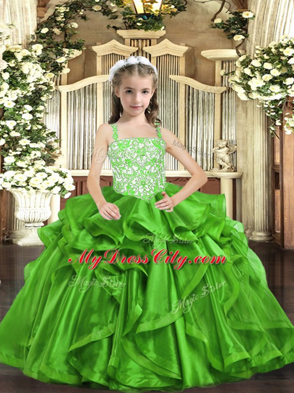 Charming Green Sleeveless Organza Lace Up Little Girl Pageant Gowns for Party and Sweet 16 and Quinceanera and Wedding Party