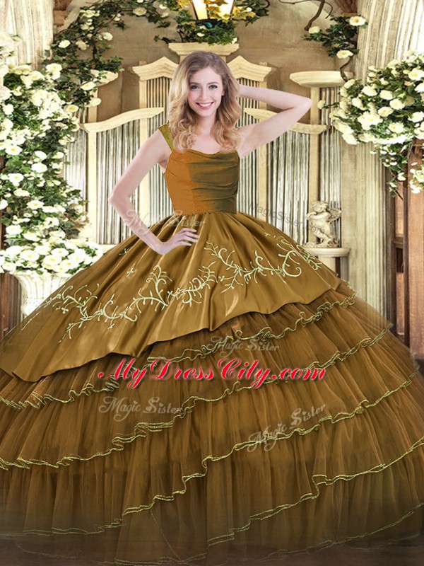 Sexy Straps Sleeveless Quince Ball Gowns Floor Length Embroidery and Ruffled Layers Brown Organza and Taffeta