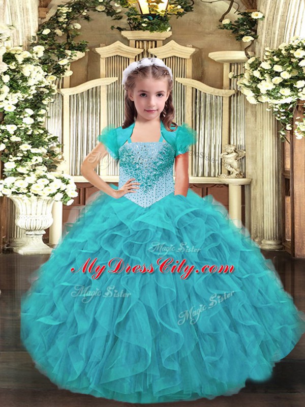 Cheap Aqua Blue Ball Gowns Ruffles Custom Made Pageant Dress Lace Up Organza Sleeveless Floor Length