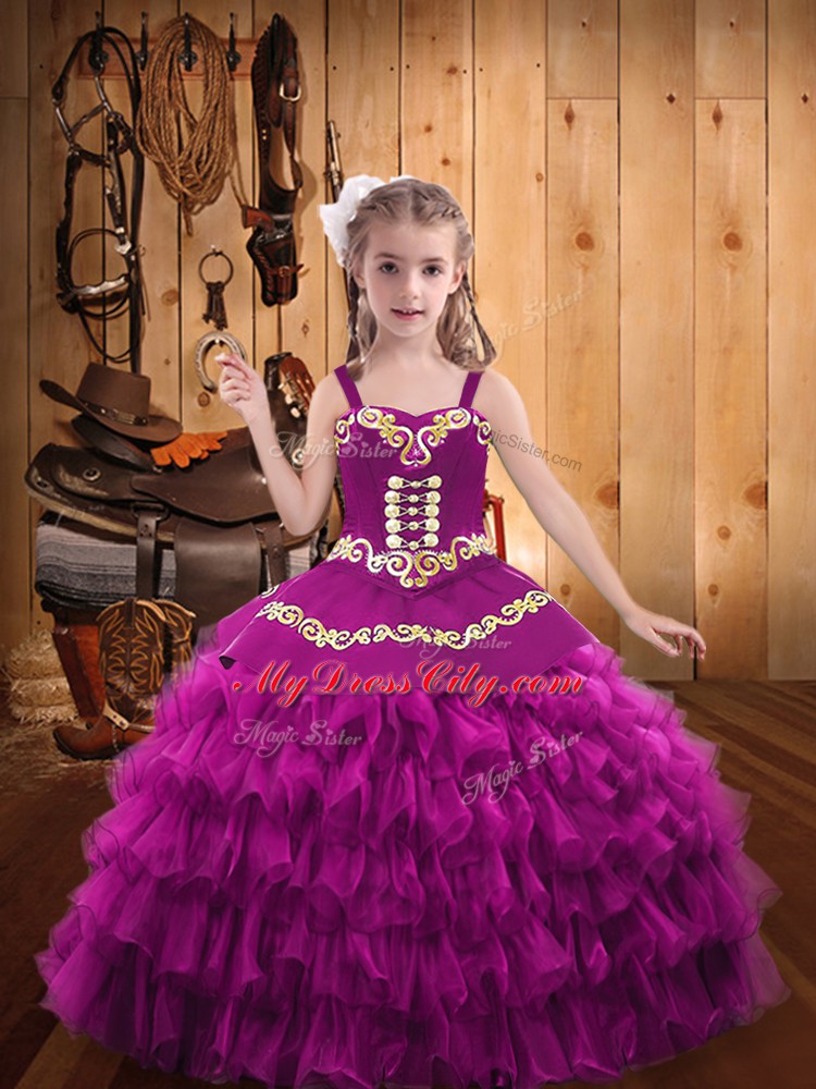 Fuchsia Lace Up Straps Embroidery and Ruffled Layers Little Girls Pageant Gowns Organza Sleeveless