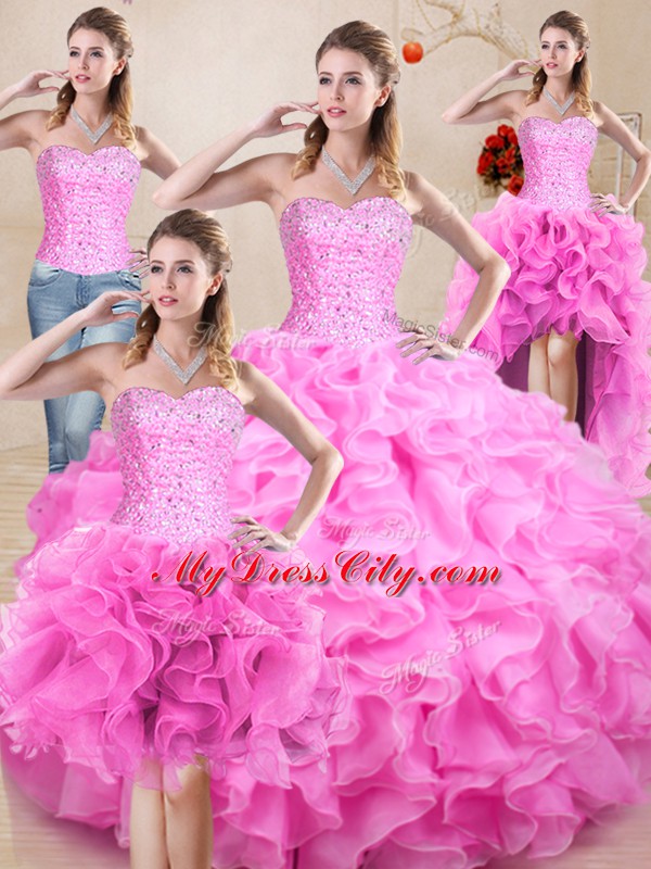 Delicate Floor Length Lace Up Quinceanera Dress Rose Pink for Sweet 16 and Quinceanera with Beading and Ruffles