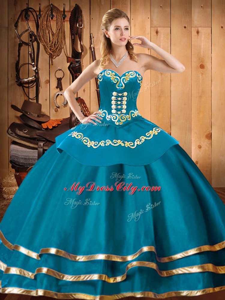 Embroidery Sweet 16 Dresses Teal Lace Up Sleeveless Floor Length