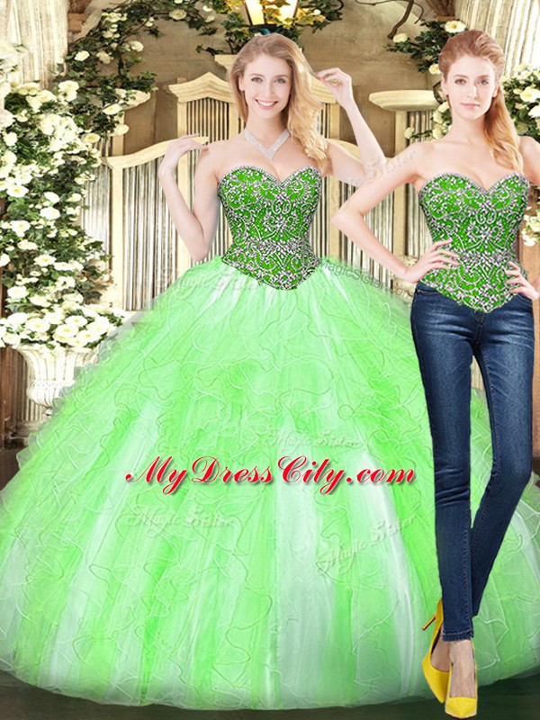 Fabulous Sleeveless Tulle Floor Length Lace Up 15 Quinceanera Dress in Yellow Green with Beading and Ruffles