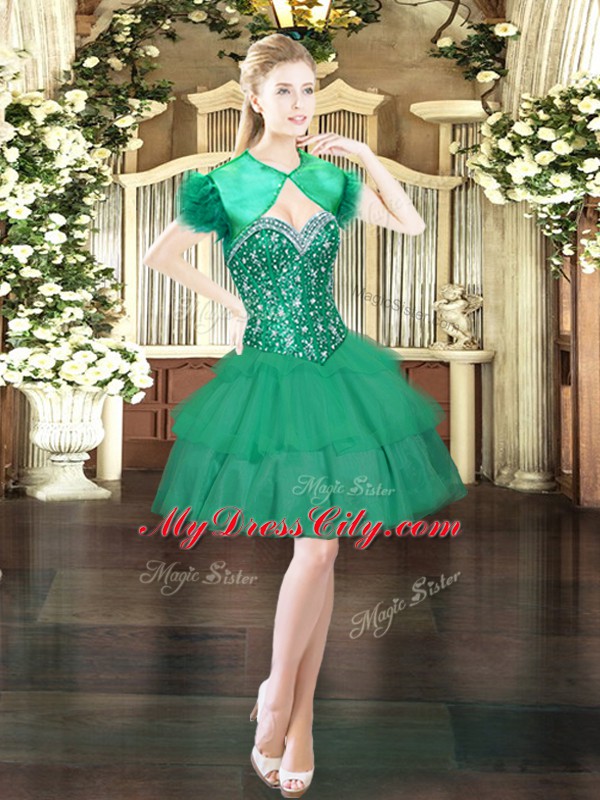 Chic Dark Green Sleeveless Beading and Ruffled Layers Mini Length Prom Party Dress