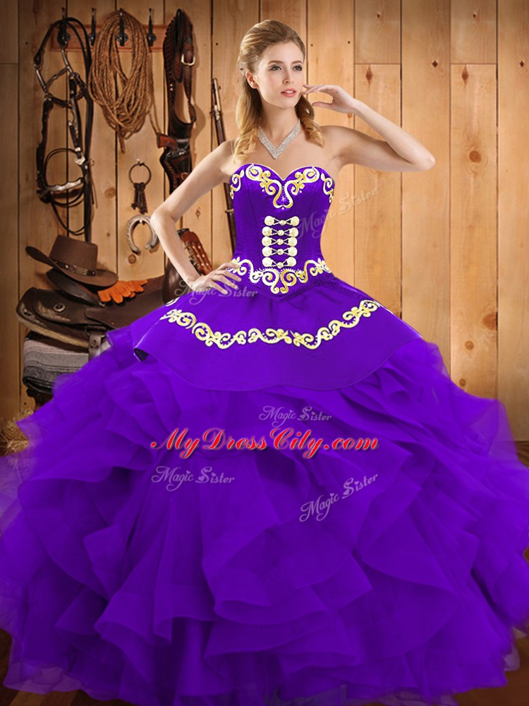 High Quality Sleeveless Floor Length Embroidery and Ruffles Lace Up Quinceanera Dresses with Purple