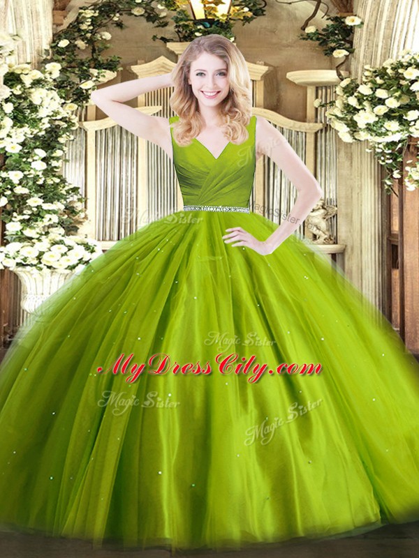 Custom Made Olive Green Tulle Zipper Ball Gown Prom Dress Sleeveless Floor Length Beading