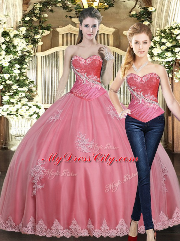 Floor Length Lace Up Sweet 16 Quinceanera Dress Rose Pink for Military Ball and Sweet 16 and Quinceanera with Beading and Appliques