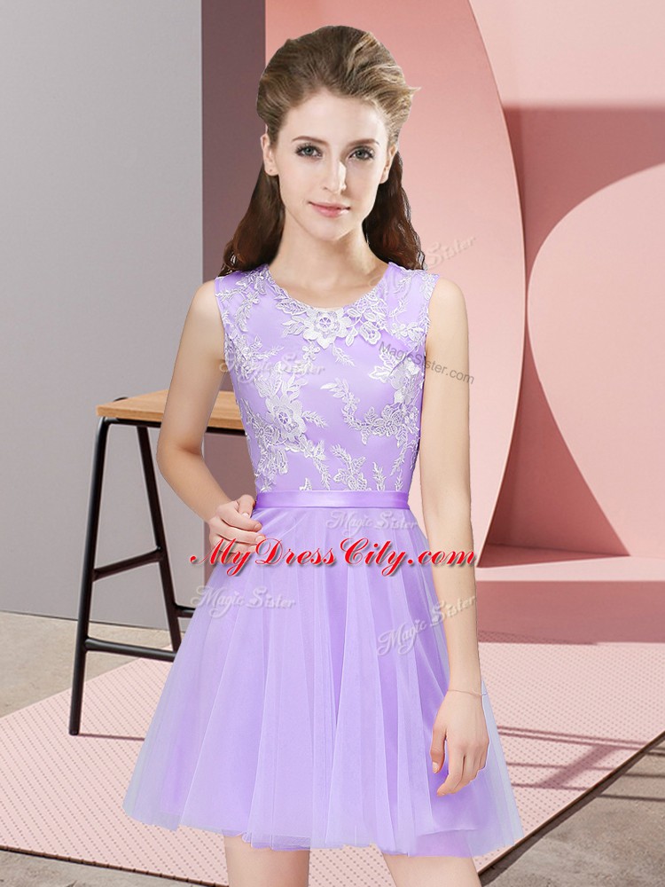 Scoop Sleeveless Tulle Bridesmaid Gown Lace Side Zipper