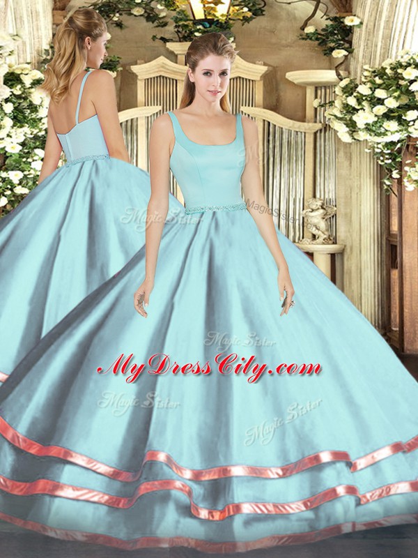 Light Blue Tulle Zipper 15th Birthday Dress Sleeveless Floor Length Ruffled Layers