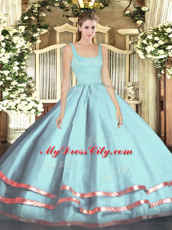 Light Blue Tulle Zipper 15th Birthday Dress Sleeveless Floor Length Ruffled Layers