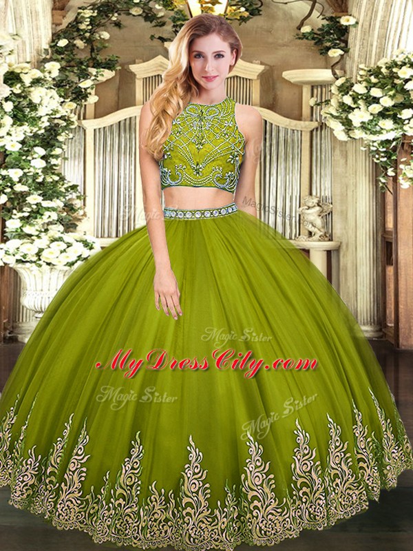 Custom Fit Two Pieces 15 Quinceanera Dress Olive Green High-neck Tulle Sleeveless Floor Length Zipper