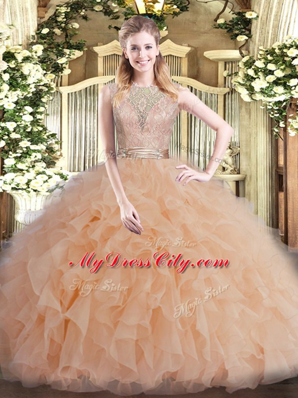 Attractive Peach Scoop Backless Beading and Ruffles Vestidos de Quinceanera Sleeveless