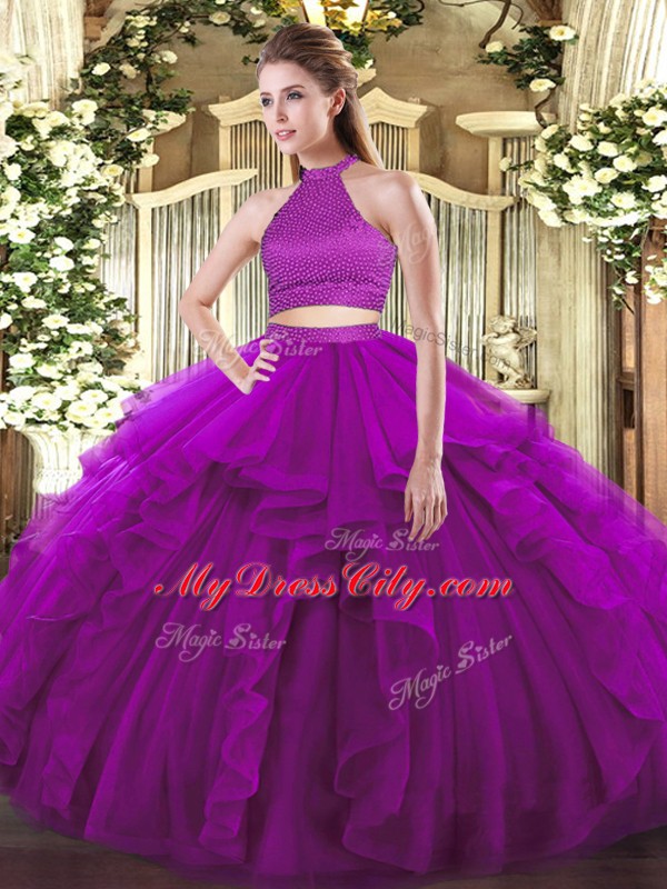 Customized Purple Two Pieces Beading and Ruffles Quinceanera Dress Backless Tulle Sleeveless Floor Length