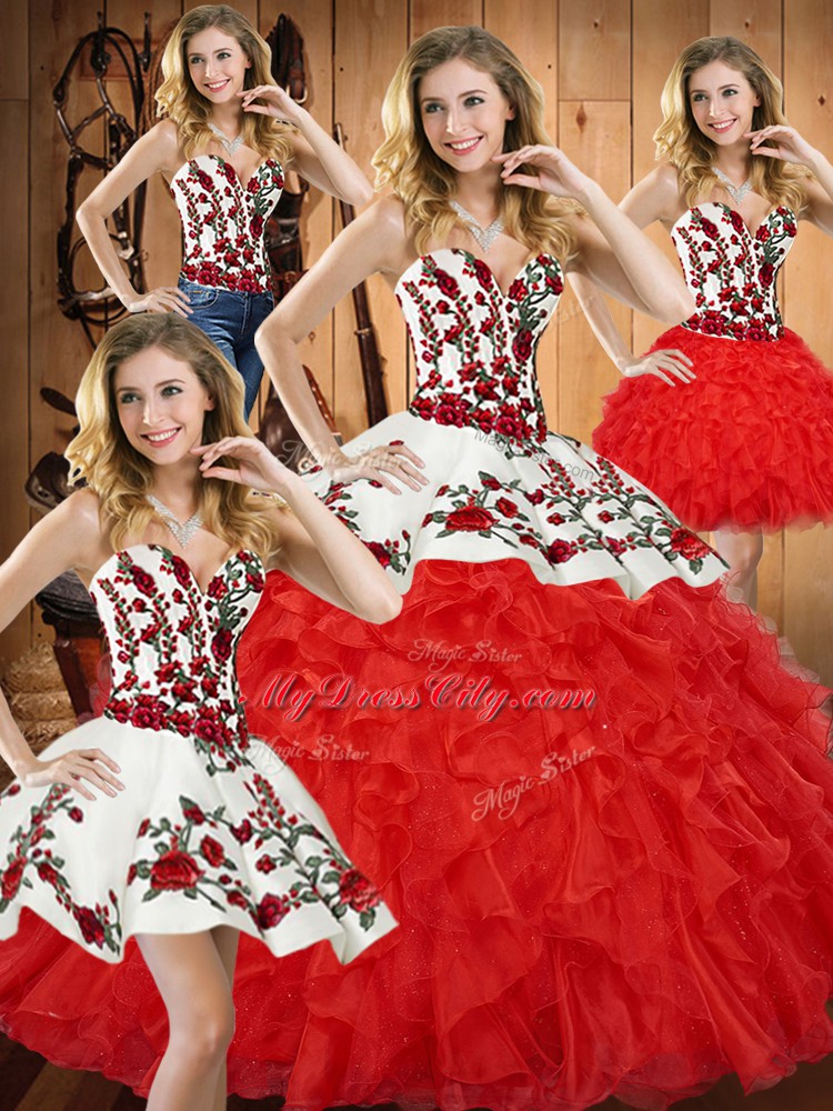 Classical Sleeveless Floor Length Embroidery and Ruffles Lace Up Quince Ball Gowns with Red